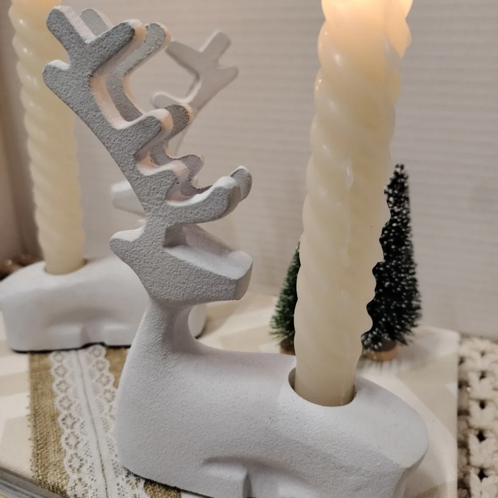 Crate & Barrel Reindeer Taper Candle Holders Set Of 2 Handcast Aluminum & Iron